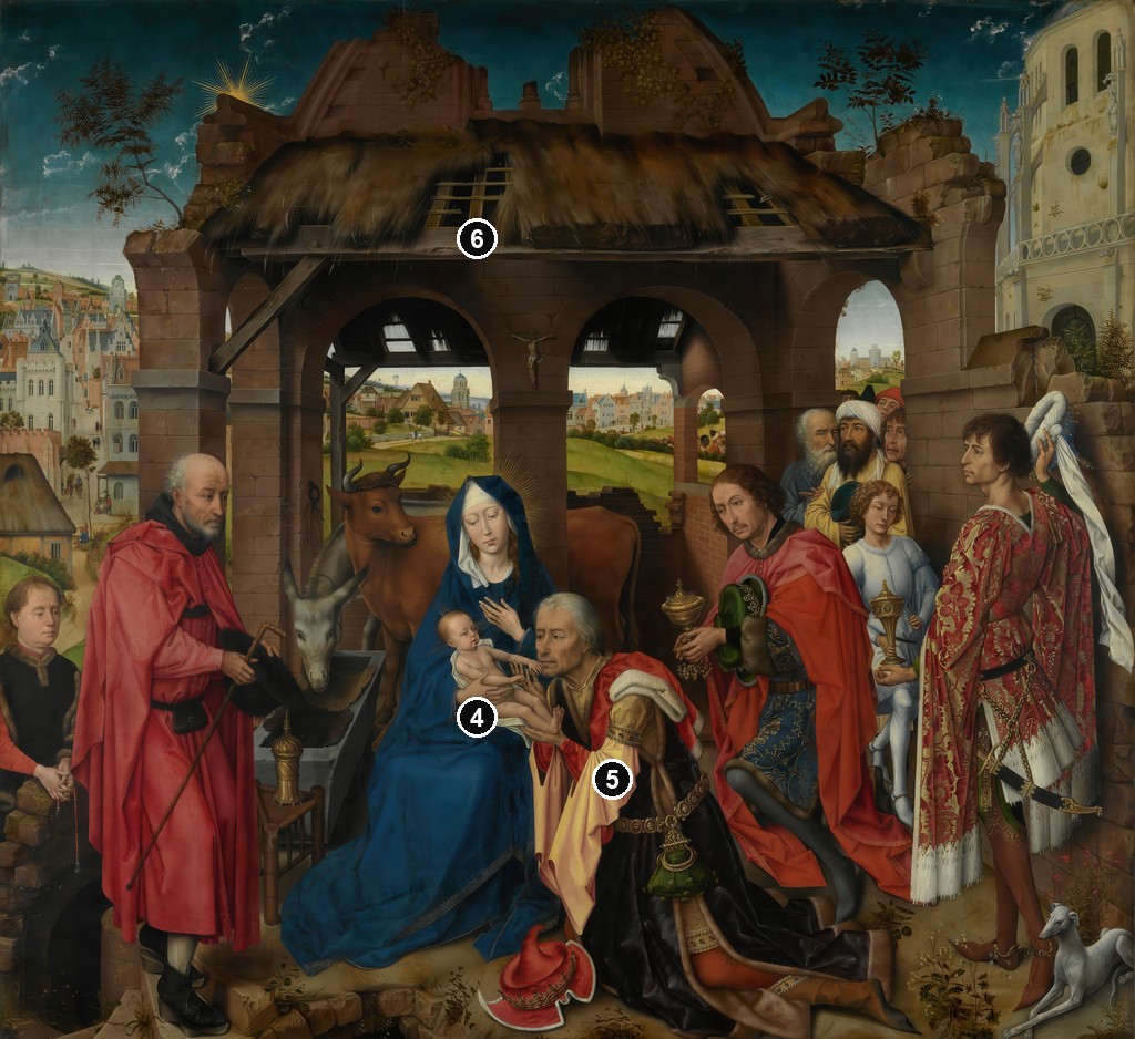 Annotated details from Centre Panel: The Adoration of the Kings by Rogier van der Weyden